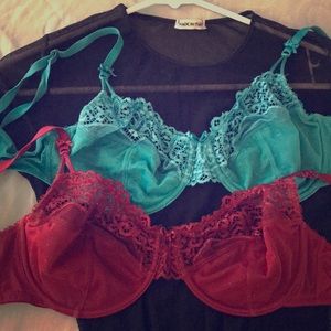 Set of 2 lace underwire, turquoise and dark red